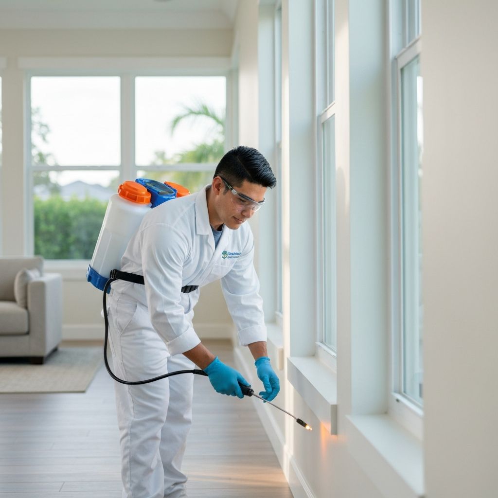 Professional pest control technician treating a Florida home